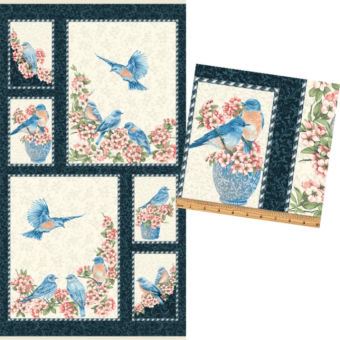 Benartex - Bluebird Gathering - 24' Bluebird Panel, Blue/Cream