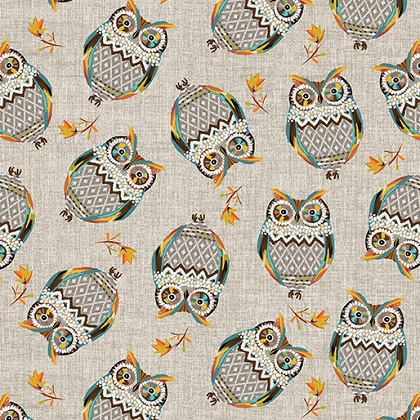 Benartex - Hello Fall - Tossed Owls, Taupe