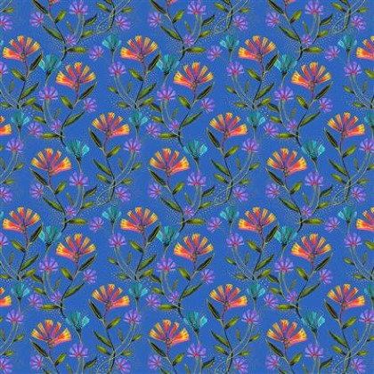 Clothworks - Earth Song - Digital Viney Floral, Royal Blue Metallic