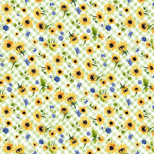 Clothworks - Sunflower Bouquets - Floral Check, Light Green