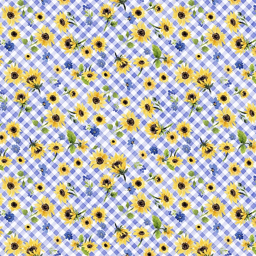 Clothworks - Sunflower Bouquets - Floral Check, Periwinkle