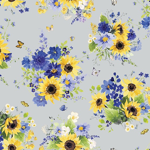 Clothworks - Sunflower Bouquets - Tossed Bouquets, Mist Gray