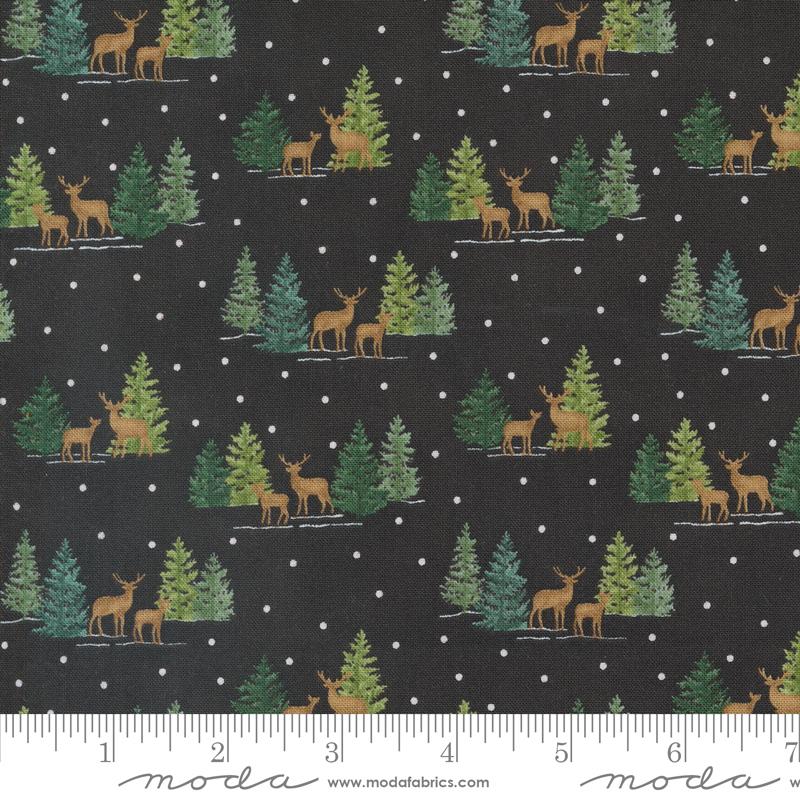 Moda - Woodland Winter - Tiny Deer & Pine Trees, Charcoal Black