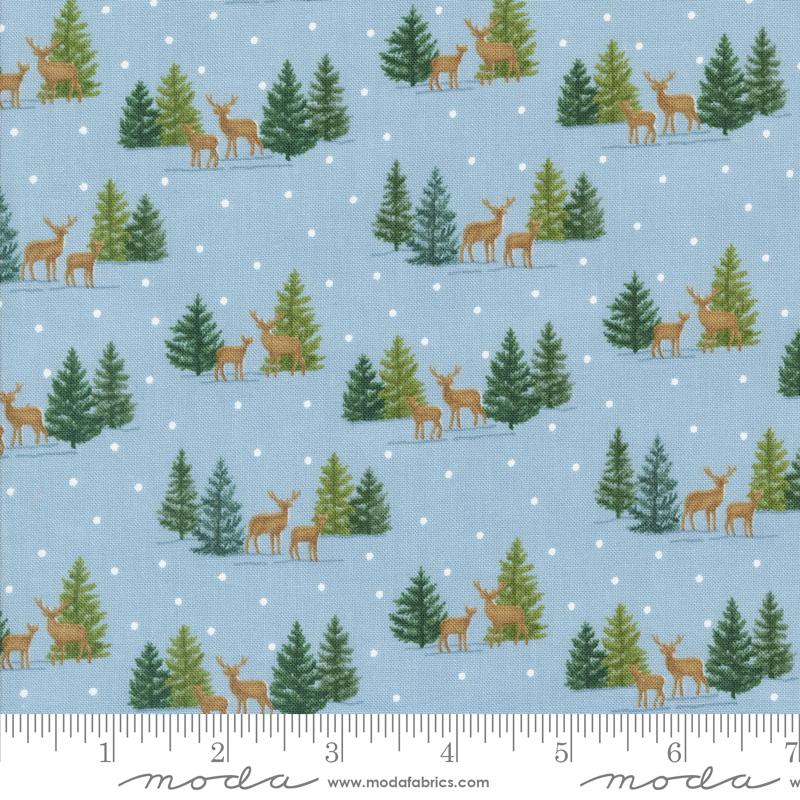 Moda - Woodland Winter - Tiny Deer & Pine Trees, Sky Blue