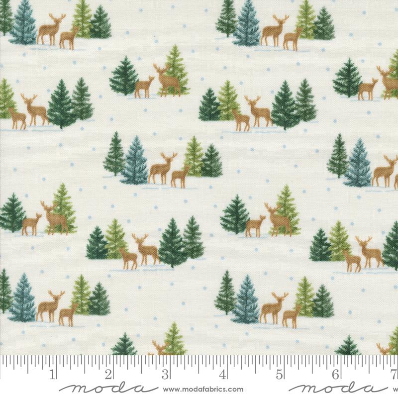 Moda - Woodland Winter - Tiny Deer & Pine Trees, Snowy White