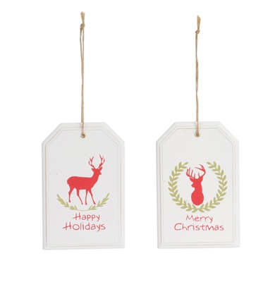 Tag Ornament - w/Deer, White, Asst