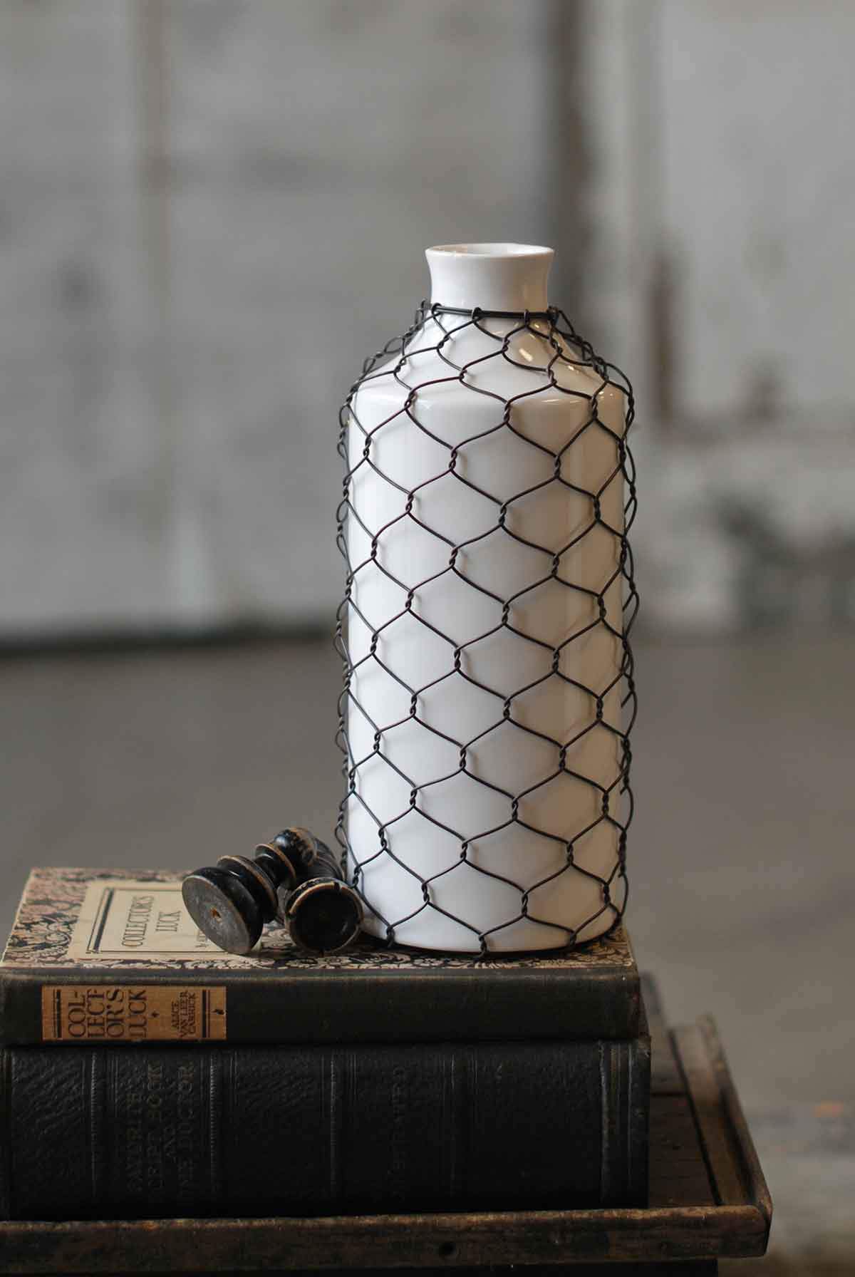 Vase - Wire Wrapped White Stone Jar, 9.5'