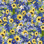 Clothworks - Sunflower Bouquets - Packed Flowers, Dark Blue