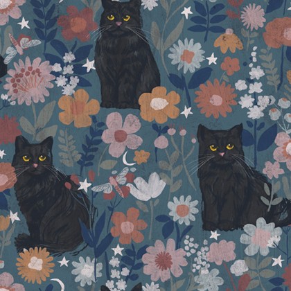 3 Wishes - Minky Midnight Prowl - Cats in Bloom, Dark Teal