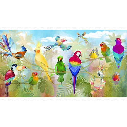 3 Wishes - Tropicolor Birds - 24' Bird On A Vine Panel, Multi