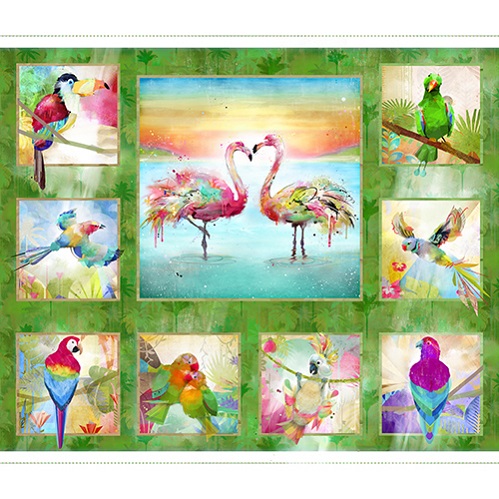 3 Wishes - Tropicolor Birds - 34' Large Panel, Green