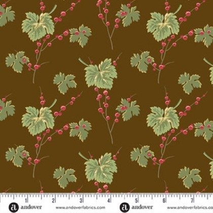 Andover Fabrics - Jingle Bell - Leaves & Berries, Dark Chocolate
