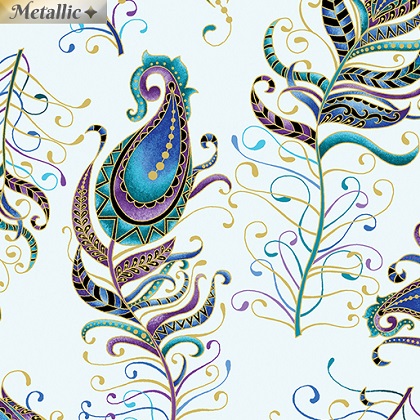 Benartex - Peacock Flourish - Large Floating Feather, Light Teal