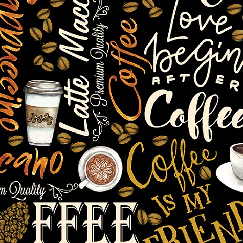 Benartex Kanvas - For The Love of Coffee - Fresh Brewed Words, Black