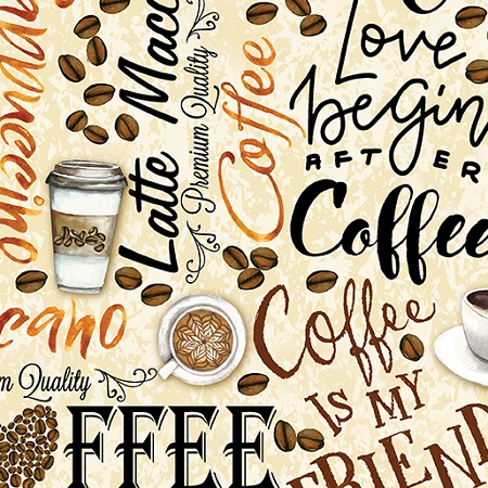 Benartex Kanvas - For The Love of Coffee - Fresh Brewed Words, Cream