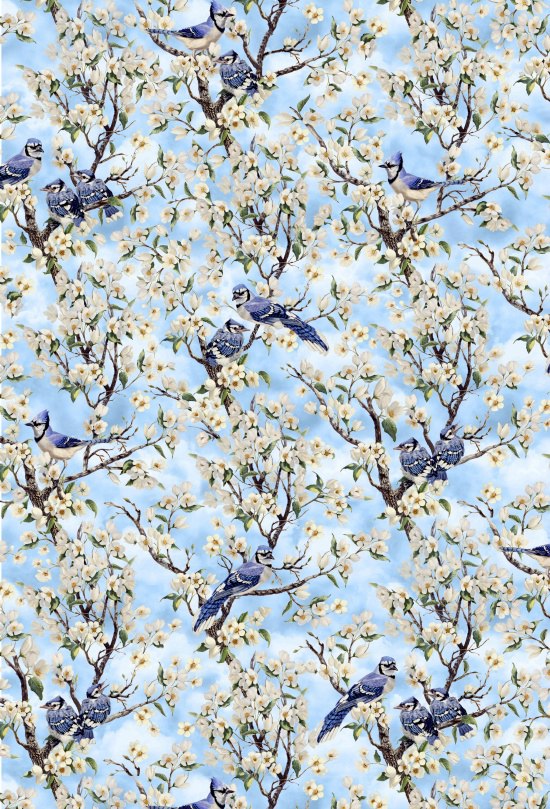 Blank Quilting - Birds Of A Feather - Blue Jays In Dogwood, Sky