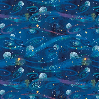 Blank Quilting - Blast Off! - Night Sky With Planets, Navy