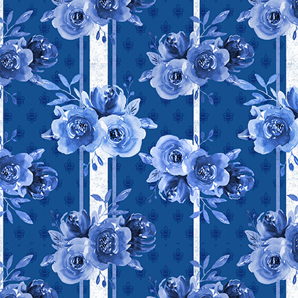Blank Quilting - Blue Jubilee - Floral on Stripes, Dark Blue