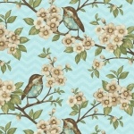 Blank Quilting - Cherry Blossom Love - Birds On Cherry Boughs, Aqua