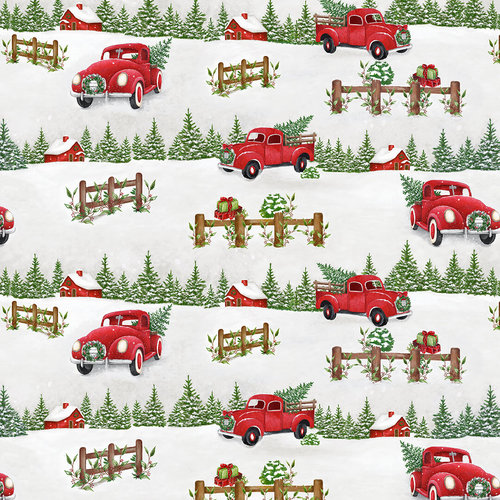 Blank Quilting - December Magic - Scenic Red Truck, Light Gray