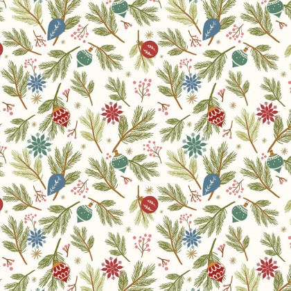 Blank Quilting - Holly Jolly Calico - Pine Bough Ornaments, Ecru