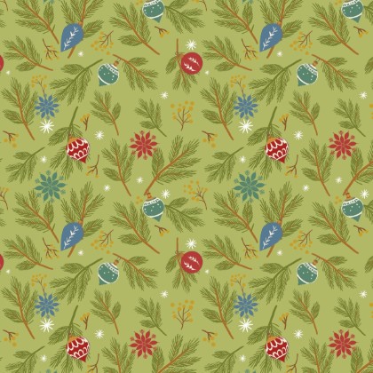 Blank Quilting - Holly Jolly Calico - Pine Bough Ornaments, Evergreen