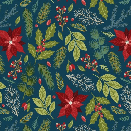 Blank Quilting - Holly Jolly Calico - Poinsettia Floral, Navy