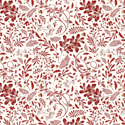 Blank Quilting - Holly Jolly Calico - Swirls Foliage, Ecru/Red