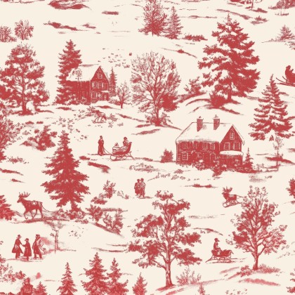 Blank Quilting - Holly Jolly Calico - Winter Scene, Ecru/Red