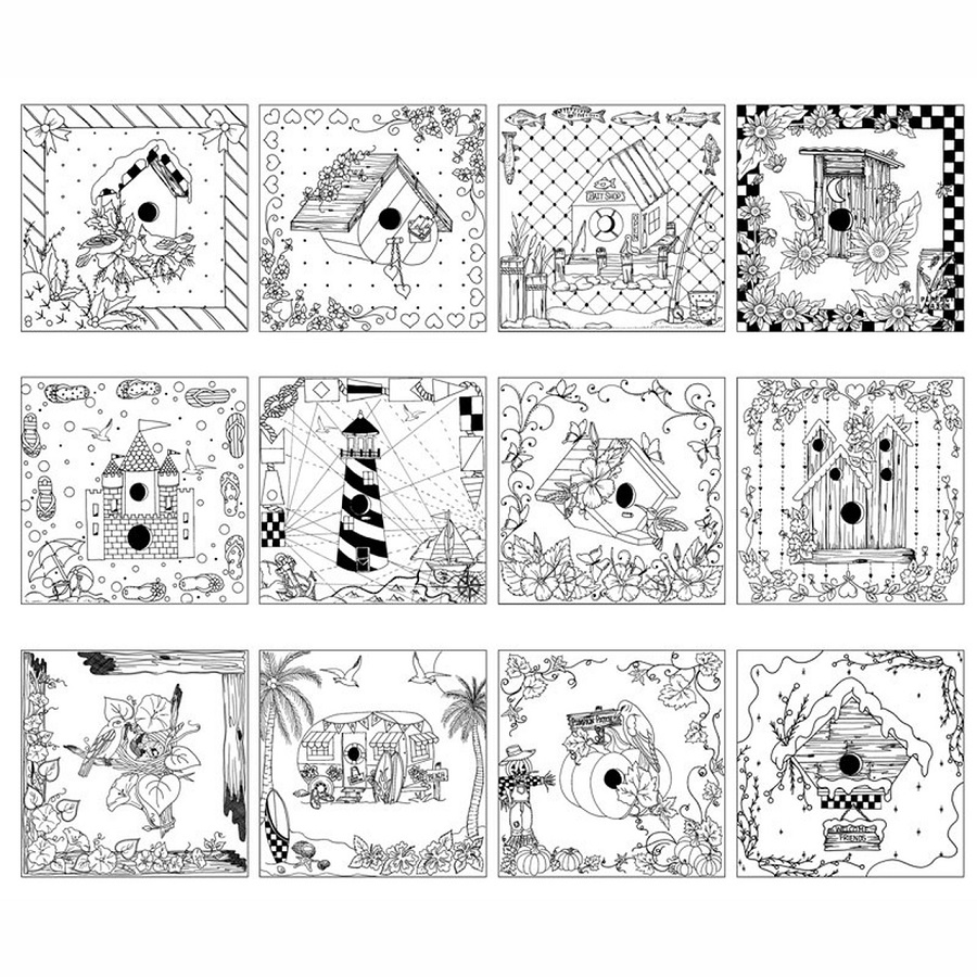 Blank Quilting - Let's Color - 36' Bird Houses Panel, Black & White