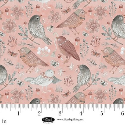 Blank Quilting - Petals & Pewter - Birds, Dusty Rose