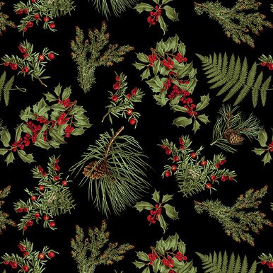 Blank Quilting - Yuletide Botanica - Christmas Greenery, Black