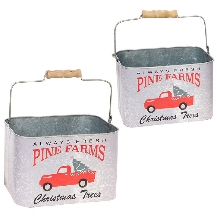 Christmas Tin Bucket - Red Truck Tin Bucket, Large