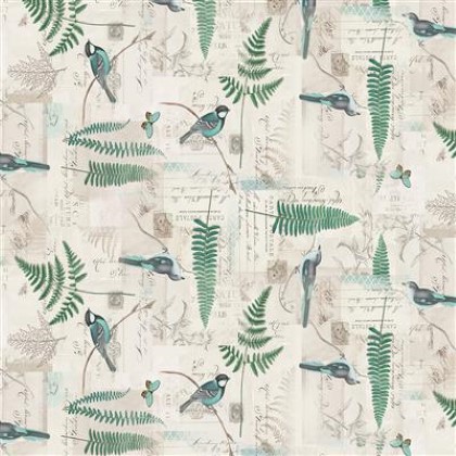 Clothworks - En Bleu - Bird Collage, Light Khaki