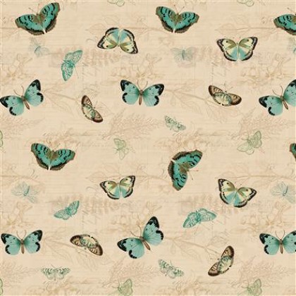 Clothworks - En Bleu - Tossed Butterflies, Light Khaki