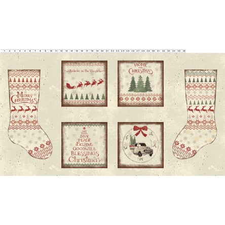 Clothworks - Home For Christmas - 24' Stocking Panel, Light Khaki