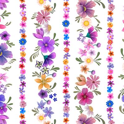 Clothworks - Morning Glory - Digital Floral Stripe, White