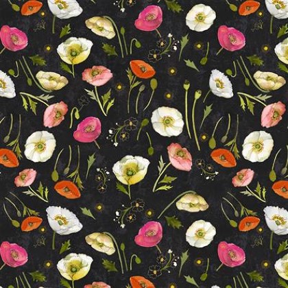 Clothworks - Poppy Dreams - Tossed Poppies, Black