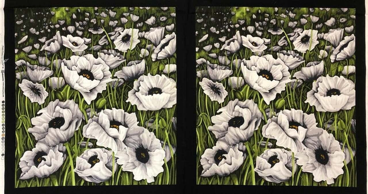 Clothworks - Poppy Poetry - 24' Large White Poppies Panel, Black