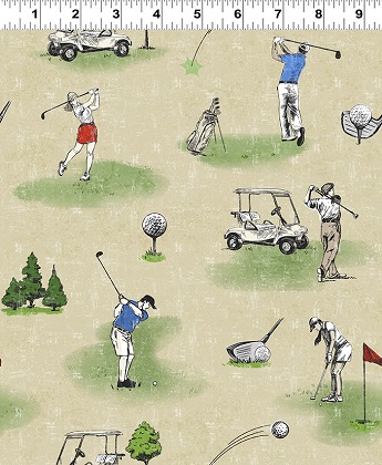 Clothworks - Tee Time! - Golfing Toile, Dark Butter