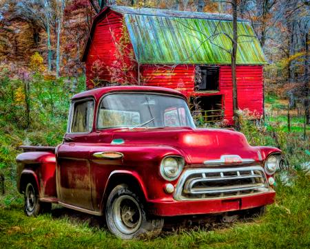 David Textiles - Exclusive Panels - 36' Panel 1957 Red Chevy Pick-up, Multi