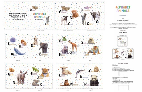 Elizabeth Studio - 36' Cloth Book Panel - Alphabet Animals ABCS Panel, White