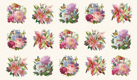 Elizabeth Studio - Hummingbird Bouquet - 24' Panel of 15 Bouquets, Cream