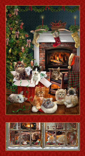 Henry Glass - Fireside Kittens - 24' Kittens Banner Panel , Red