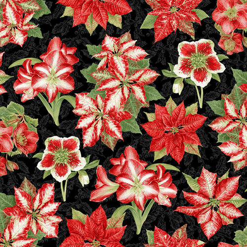 Henry Glass - Holiday Botanical - Amaryllis and Poinsettias, Black