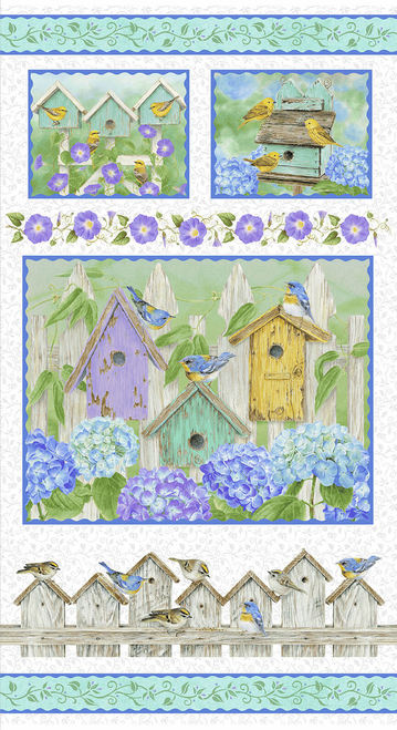 Henry Glass - Hydrangea Birdsong - 24'x 44' Panel, Blue