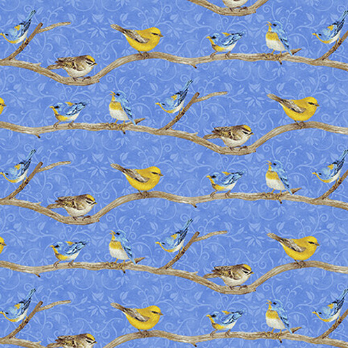 Henry Glass - Hydrangea Birdsong - Birds on a Branch, Blue