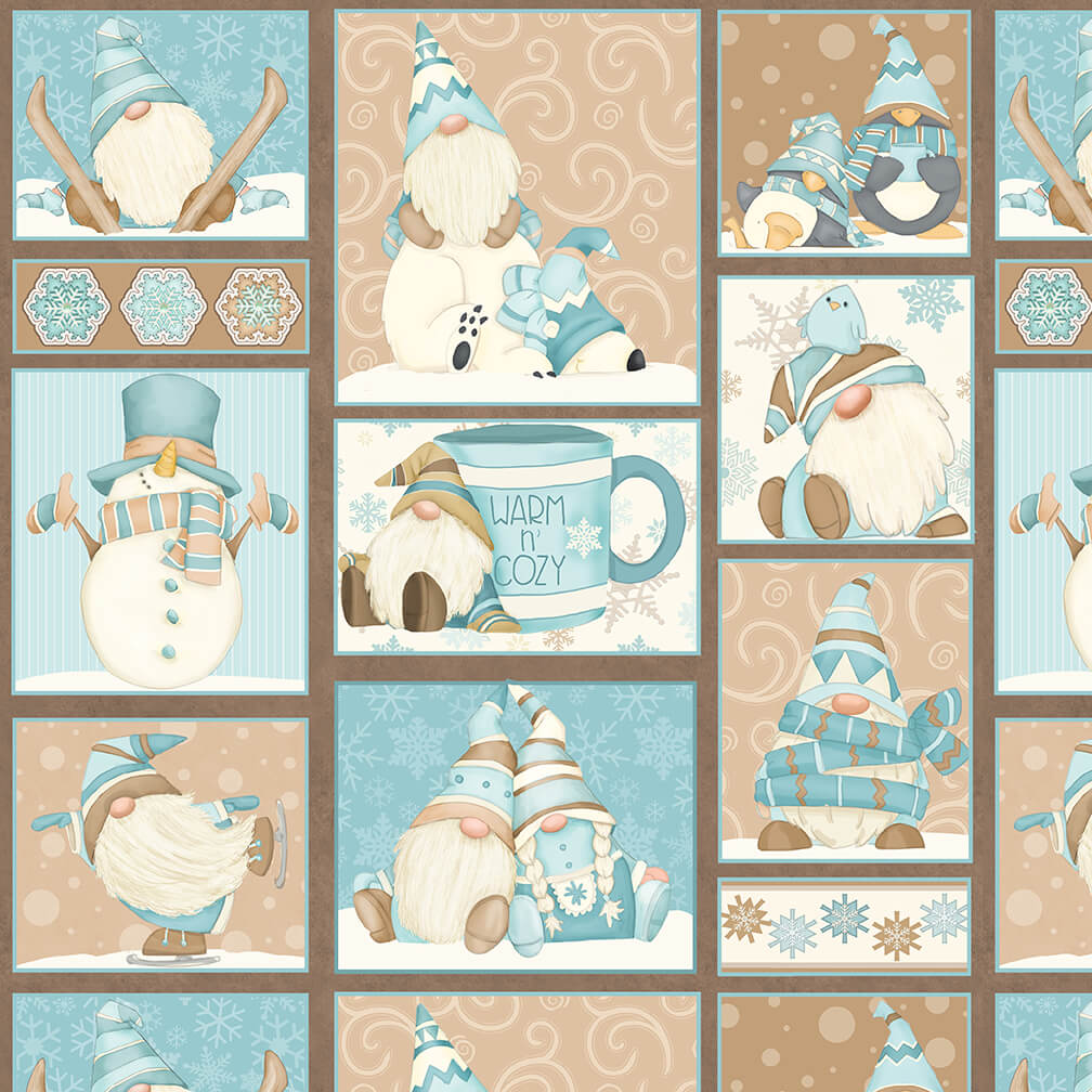 Henry Glass - I Love Sn'Gnomies Flannel - Gnome Patchwork, Aqua/Beige