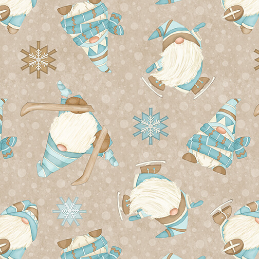 Henry Glass - I Love Sn'Gnomies Flannel - Skiing Gnomes, Beige