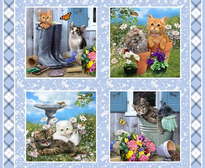 Henry Glass - Kittens In The Garden - 36' Block Panel, Multi